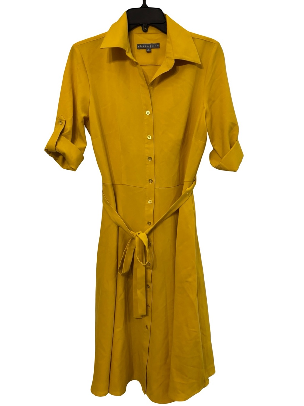 Sharagano Mustard Button-Front Cottagecore Utility Earthy Midi Shirt Dress Sz 4